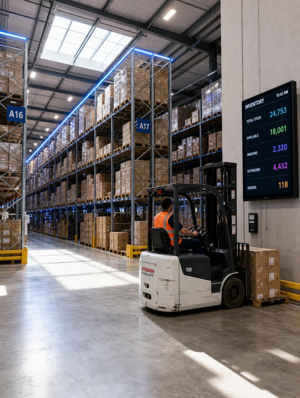Organized automotive accessory fulfillment warehouse with packaged inventory